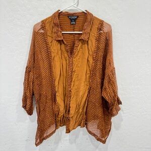 Citron Santa Monica Blouse Womens 1X Silk Orange Striped Blouse Sheer Lagenlook